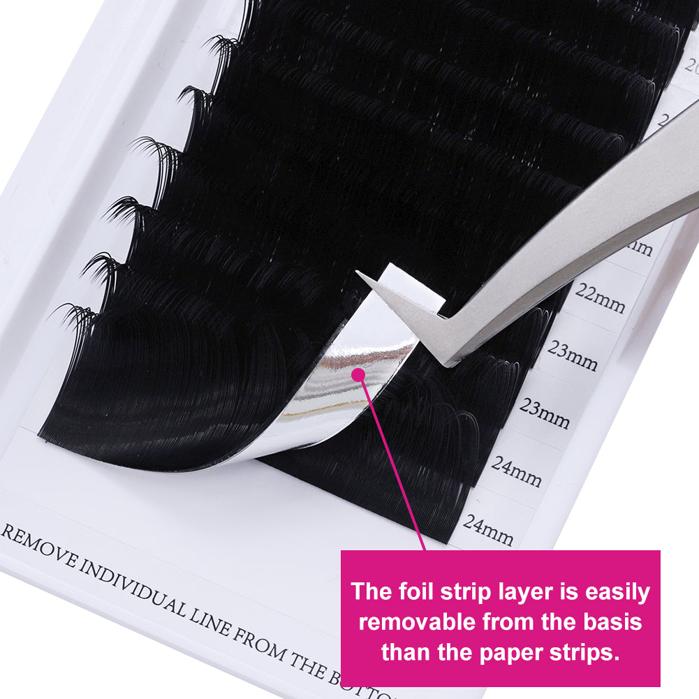 Silver foil strip layer allows for easy removal of lashes from the base without leaving sticky residue