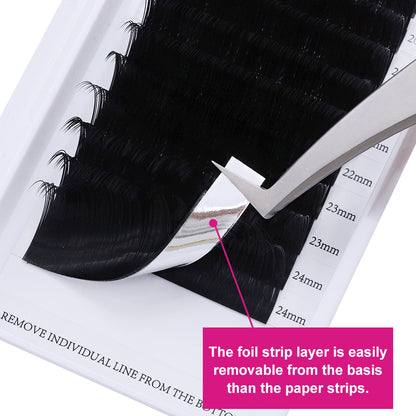 Silver foil strip layer allows for easy removal of lashes from the base without leaving sticky residue
