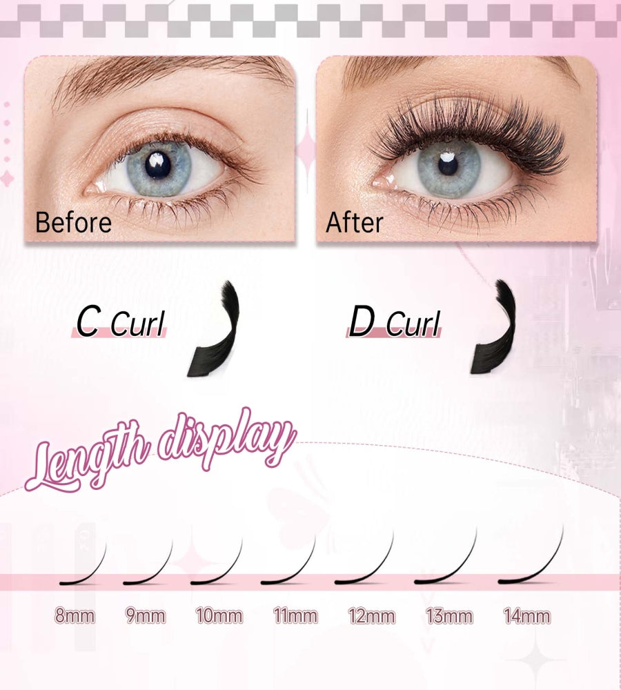 Side view of D curl 10D cluster lashes showing strong curl retention.