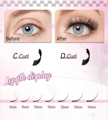 Side view of D curl 10D cluster lashes showing strong curl retention.