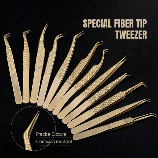 Gold Fiber Tip Lash Tweezers Set — All 12 Styles in One Kit