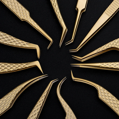 Gold Fiber Tip Lash Tweezers Set — All 12 Styles in One Kit