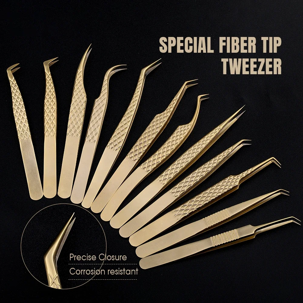 Gold Fiber Tip Lash Tweezers Set — All 12 Styles in One Kit