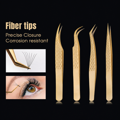 Gold Fiber Tip Lash Tweezers Set — All 12 Styles in One Kit
