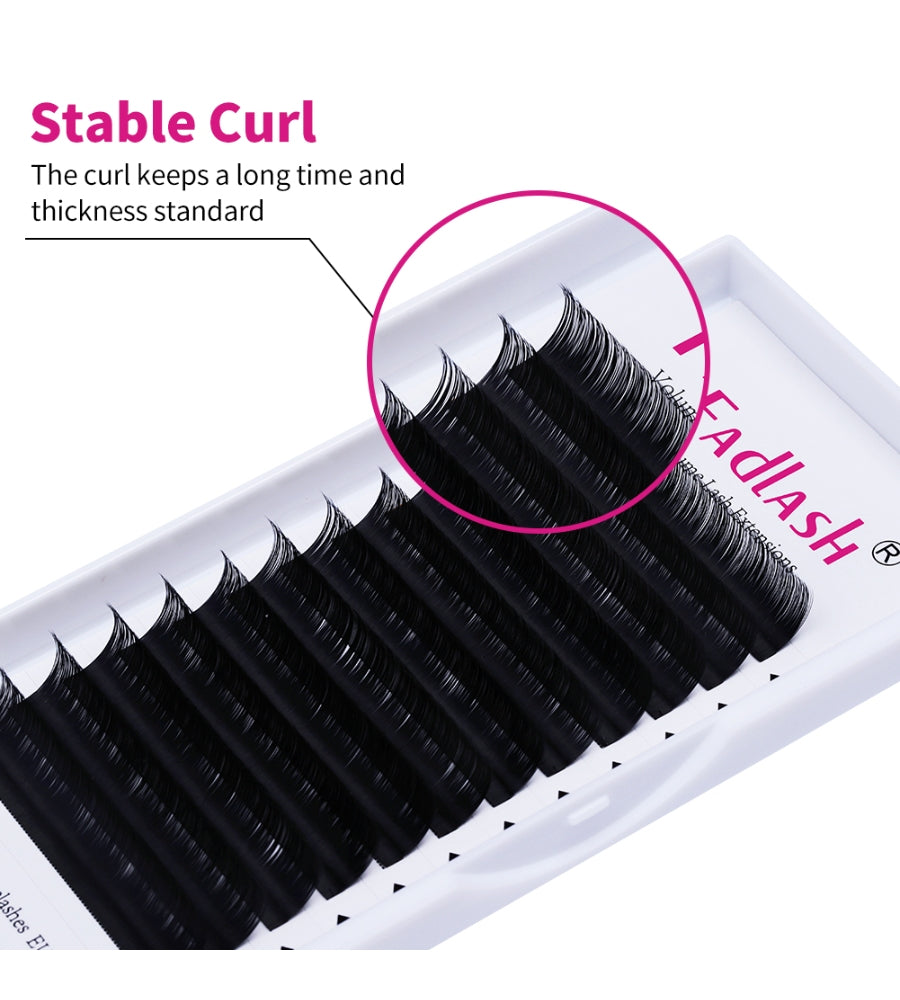 Macro shot of easy fanning volume lashes on the strip, non-sticky base