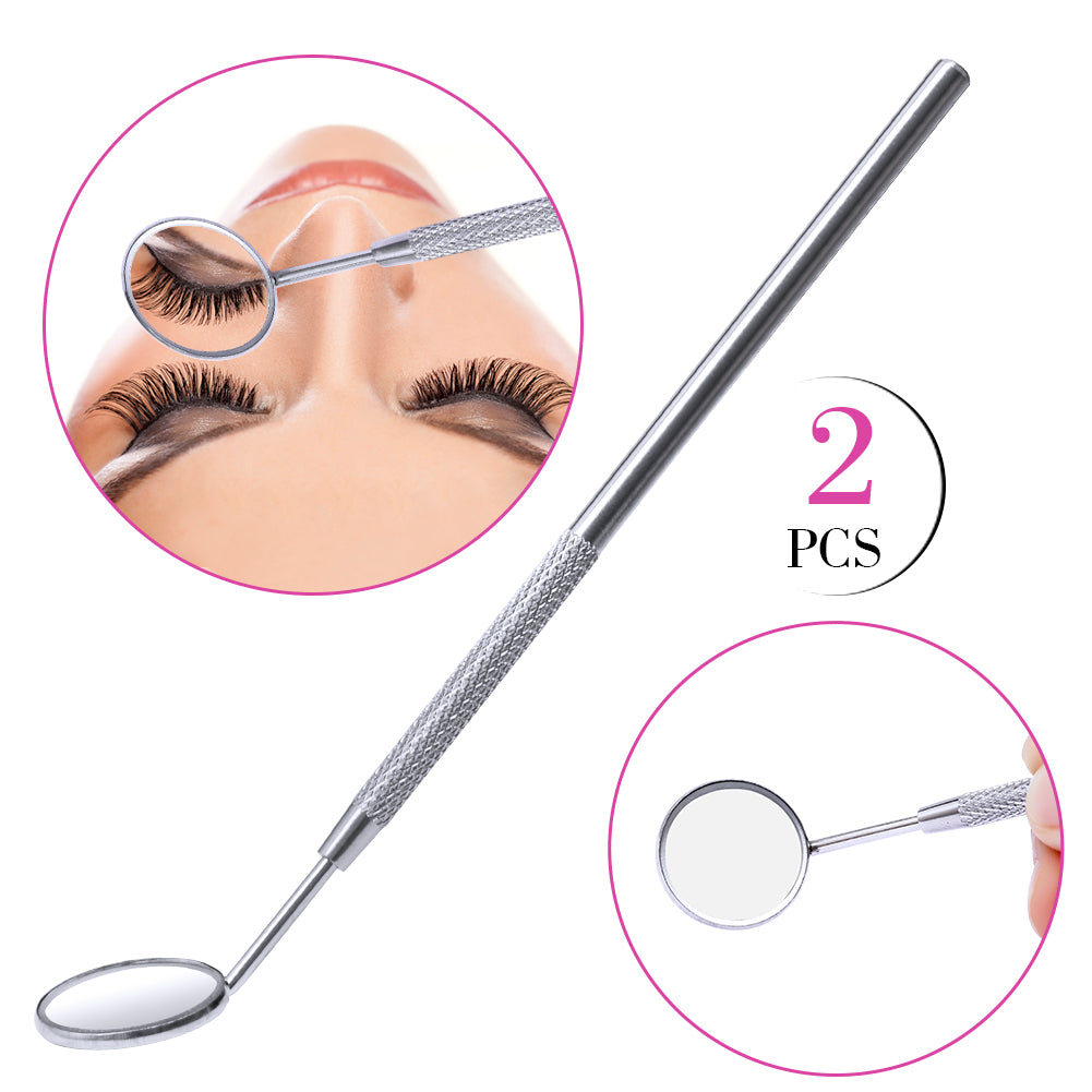 Eyelash extension inspection mirror checking lash roots and symmetry