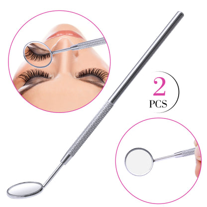 Eyelash extension inspection mirror checking lash roots and symmetry