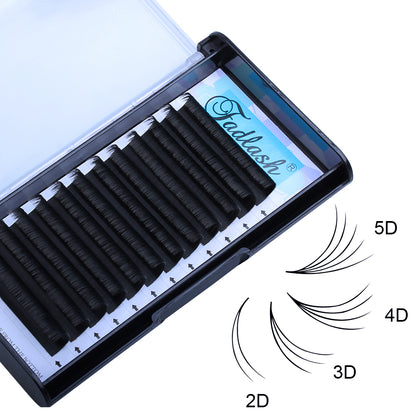 Fadlash volume lash tray showing examples of 2D to 6D handmade lash fans