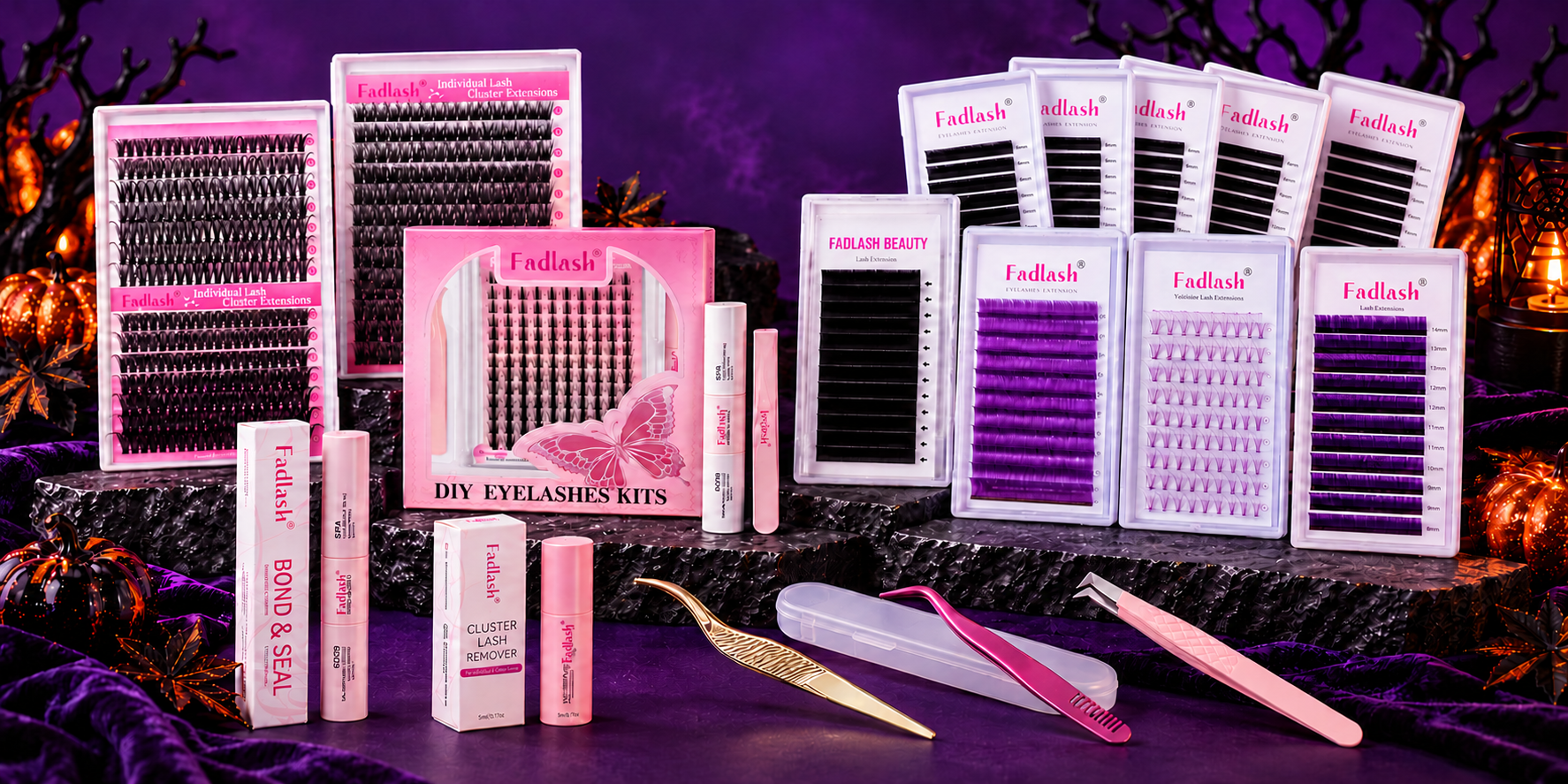 Fadlash Halloween stock-up display of lash trays and accessories