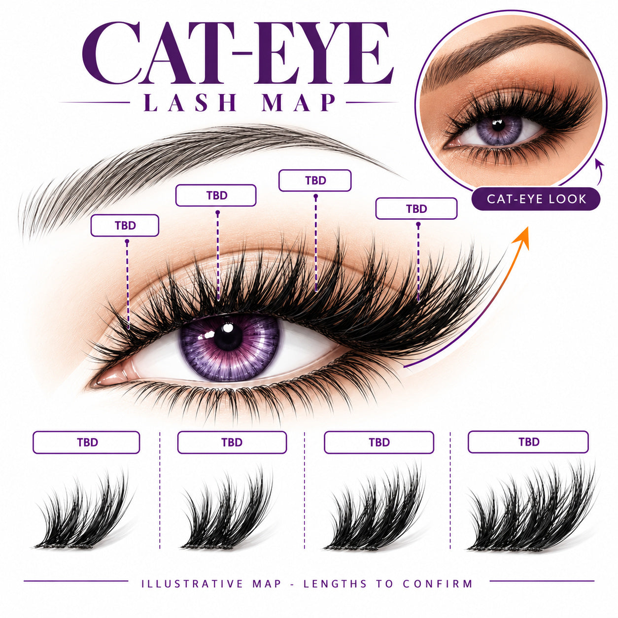 Illustrative cat-eye lash map; lengths awaiting confirmation