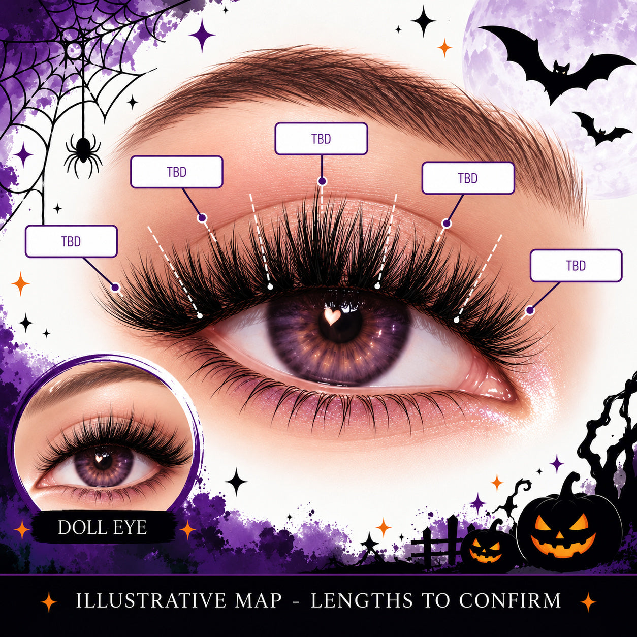 Illustrative doll-eye lash map; lengths awaiting confirmation